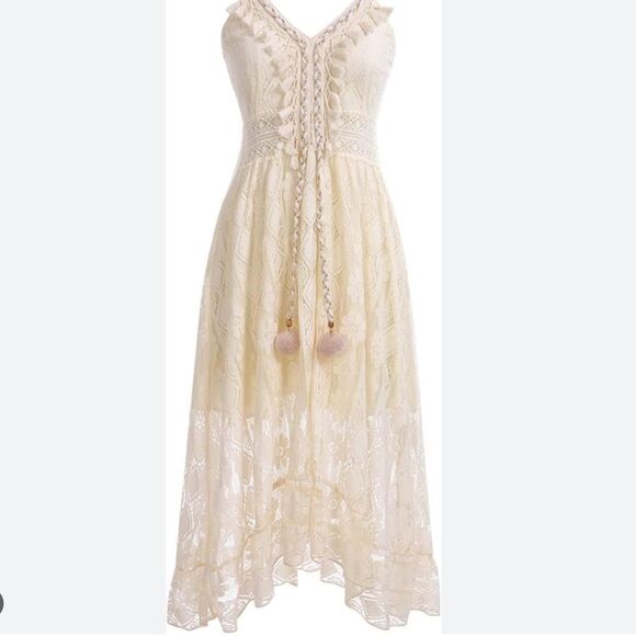 Women's Lace Hollow Out Tassel Trim V Neck Bohemian Maxi Dress XXL - Picture 6 of 9